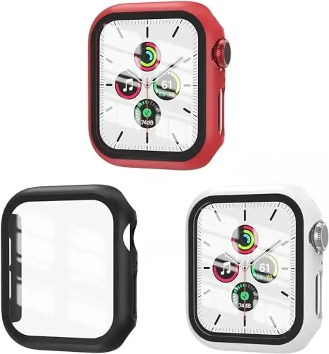 EWUONU [3'lü Paket] Apple Watch Series 9/8/7 45mm için Temperli Cam Ekran Koruyuculu Kılıf, Sert PC Tam Kapsama Ultra İnce HD Tampon Koruyucu Kapak iWatch Series 9/8/7 45mm için, Siyah/Beyaz/Kırmızı - 1