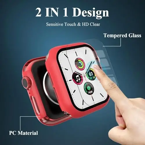 EWUONU [3'lü Paket] Apple Watch Series 9/8/7 45mm için Temperli Cam Ekran Koruyuculu Kılıf, Sert PC Tam Kapsama Ultra İnce HD Tampon Koruyucu Kapak iWatch Series 9/8/7 45mm için, Siyah/Beyaz/Kırmızı - 2
