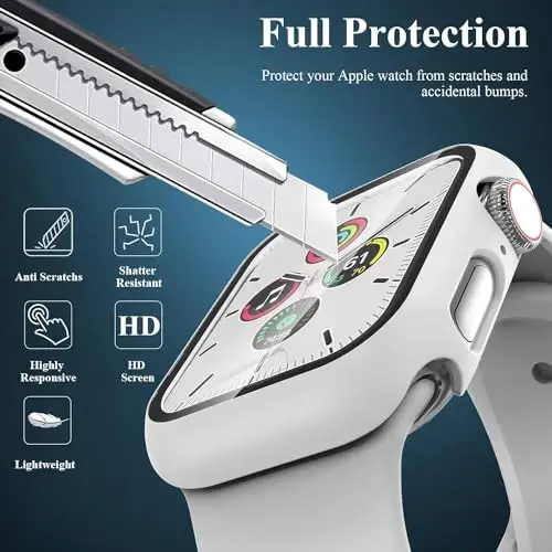 EWUONU [3'lü Paket] Apple Watch Series 9/8/7 45mm için Temperli Cam Ekran Koruyuculu Kılıf, Sert PC Tam Kapsama Ultra İnce HD Tampon Koruyucu Kapak iWatch Series 9/8/7 45mm için, Siyah/Beyaz/Kırmızı - 3