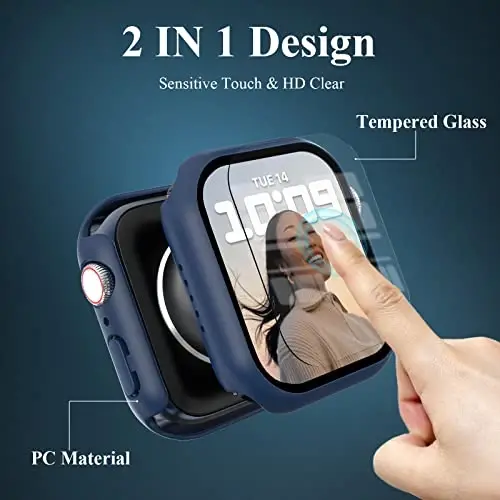 EWUONU 3'lü Paket Kılıf, Temperli Cam Ekran Koruyuculu Apple Watch Series 9/8/7 41mm ile Uyumlu, iWatch 41mm için Sert PC Tam Kapsama Ultra İnce HD Tampon Koruyucu Kapak, Siyah/Mavi/Şeffaf - 2