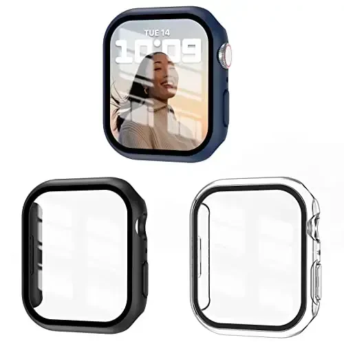 EWUONU 3 Pack Case Compatible with Apple Watch Series 9/8/7 41mm with Tempered Glass Screen Protector, Hard PC Full Coverage Ultra-Thin HD Bumper Protective Cover for iWatch 41mm, Black/Blue/Clear 