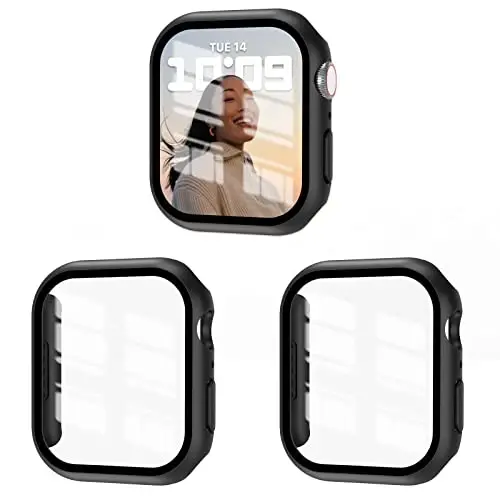 EWUONU 3'lü Paket Kılıf, Temperli Cam Ekran Koruyuculu Apple Watch Series 9/8/7 45mm ile Uyumlu, Sert PC Tam Kapsama Ultra İnce HD Tampon Koruyucu Kapak iWatch 45mm için, Siyah/Siyah/Siyah - 1
