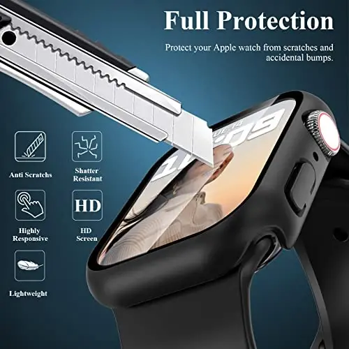 EWUONU 3'lü Paket Kılıf, Temperli Cam Ekran Koruyuculu Apple Watch Series 9/8/7 45mm ile Uyumlu, Sert PC Tam Kapsama Ultra İnce HD Tampon Koruyucu Kapak iWatch 45mm için, Siyah/Siyah/Siyah - 3