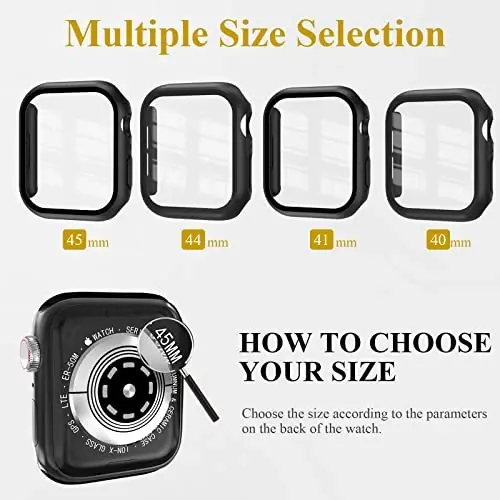 EWUONU 3'lü Paket Kılıf, Temperli Cam Ekran Koruyuculu Apple Watch Series 9/8/7 45mm ile Uyumlu, Sert PC Tam Kapsama Ultra İnce HD Tampon Koruyucu Kapak iWatch 45mm için, Siyah/Siyah/Siyah - 6