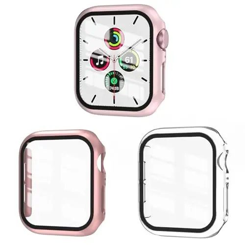EWUONU 3'lü Paket Kılıfı Apple Watch SE 3 Serisi 6/5/4 44 mm ile Uyumlu Temperli Cam Ekran Koruyuculu, Sert PC Tam Kapsama Ultra İnce HD Tampon Kılıfı iWatch 44 mm için, Rose Gold/Pembe/Şeffaf - 1