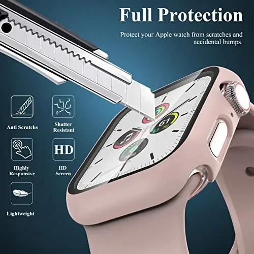 EWUONU 3'lü Paket Kılıfı Apple Watch SE 3 Serisi 6/5/4 44 mm ile Uyumlu Temperli Cam Ekran Koruyuculu, Sert PC Tam Kapsama Ultra İnce HD Tampon Kılıfı iWatch 44 mm için, Rose Gold/Pembe/Şeffaf - 3