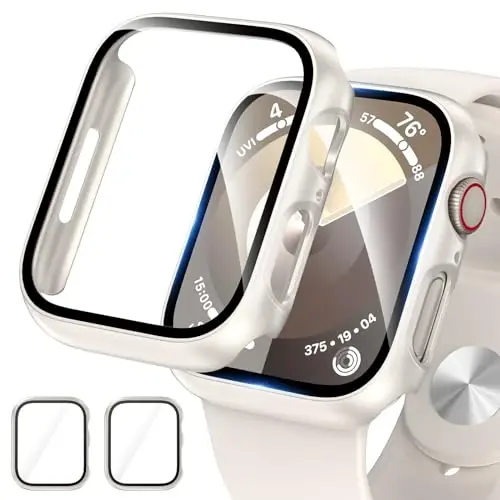 EWUONU 2 Pack Hard PC Case for Apple Watch Series 9 Series 8/7 41mm Screen Protector, Tempered Glass Film Bumper Anti-Scratch HD Ultra-Thin Protective Cover for iWatch Series 9/8/7 41mm, Starlight - EWUONU