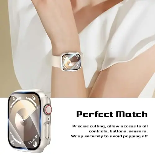 EWUONU 2 Pack Hard PC Case for Apple Watch Series 9 Series 8/7 41mm Screen Protector, Tempered Glass Film Bumper Anti-Scratch HD Ultra-Thin Protective Cover for iWatch Series 9/8/7 41mm, Starlight - 4