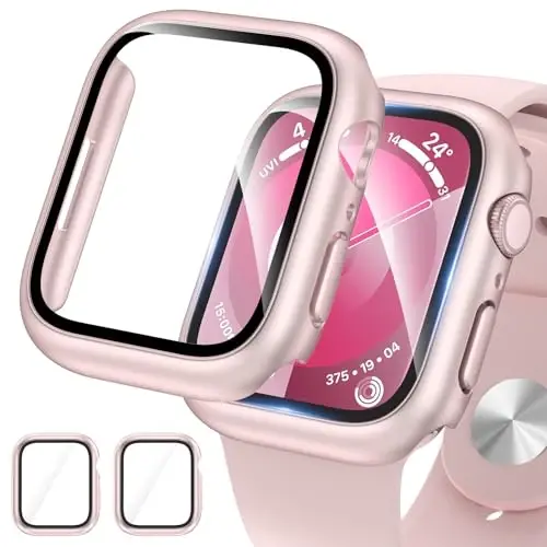 EWUONU 2 Pack Hard Case for Apple Watch Series 9 Series 8/7 45mm Screen Protector, Tempered Glass Bumper Anti-Scratch HD Ultra-Thin Protective Face Cover for iWatch Series 9/8/7 45mm, Original Pink - EWUONU