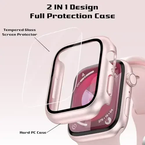 EWUONU 2 Pack Hard Case for Apple Watch Series 9 Series 8/7 45mm Screen Protector, Tempered Glass Bumper Anti-Scratch HD Ultra-Thin Protective Face Cover for iWatch Series 9/8/7 45mm, Original Pink - 2