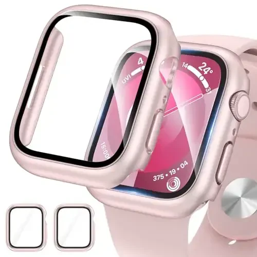 EWUONU 2 Pack Hard Case for Apple Watch Series 9 Series 8/7 45mm Screen Protector, Tempered Glass Bumper Anti-Scratch HD Ultra-Thin Protective Face Cover for iWatch Series 9/8/7 45mm, Original Pink 