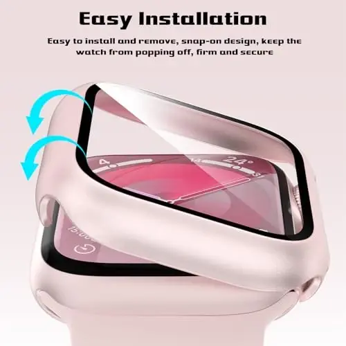 EWUONU 2 Pack Hard Case for Apple Watch Series 9 Series 8/7 45mm Screen Protector, Tempered Glass Bumper Anti-Scratch HD Ultra-Thin Protective Face Cover for iWatch Series 9/8/7 45mm, Original Pink - 3