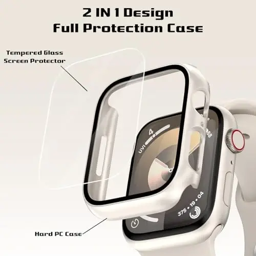 EWUONU 2 Pack Hard PC Case for Apple Watch Series 9 Series 8/7 45mm Screen Protector, Tempered Glass Film Bumper Anti-Scratch HD Ultra-Thin Protective Cover for iWatch Series 9/8/7 45mm, Starlight - 2