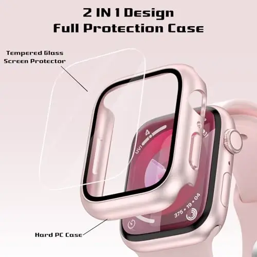 EWUONU Apple Watch Series 9 Series 8/7 45mm uchun qattiq g‘ilof 2 dona, ekran himoyachisi, temperlangan shisha bamper tirnalishga qarshi HD Ultra yupqa himoya yuz qoplamasi iWatch Series 9/8/7 45mm uchun, Original pushti - 2