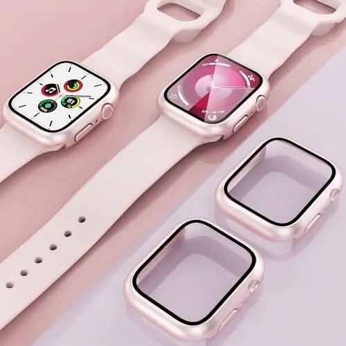 EWUONU Apple Watch Series 9 Series 8/7 45mm uchun qattiq g‘ilof 2 dona, ekran himoyachisi, temperlangan shisha bamper tirnalishga qarshi HD Ultra yupqa himoya yuz qoplamasi iWatch Series 9/8/7 45mm uchun, Original pushti - 7