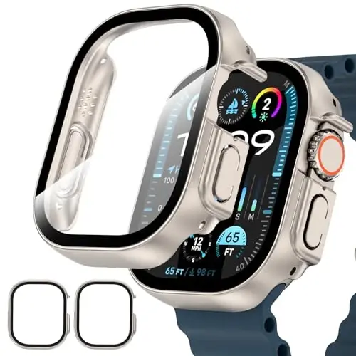 EWUONU 2 Pack Hard Case for Apple Watch Ultra 3/2/1 49mm, Tempered Glass Bumper Anti-Scratch HD Ultra-Thin Protective Face Cover, Titanium 