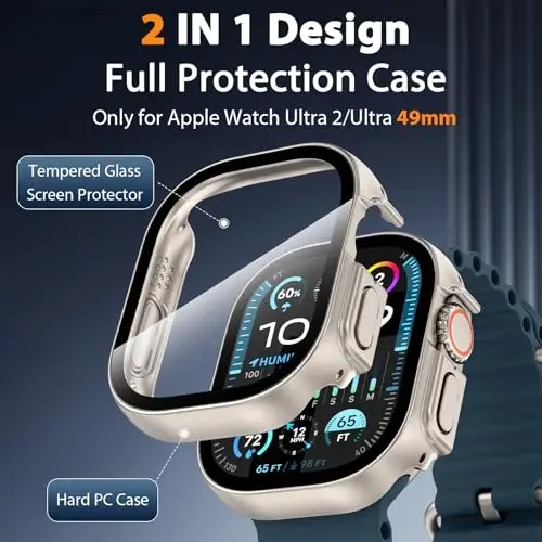 EWUONU 2 Pack Hard Case for Apple Watch Ultra 3/2/1 49mm, Tempered Glass Bumper Anti-Scratch HD Ultra-Thin Protective Face Cover, Titanium - 2