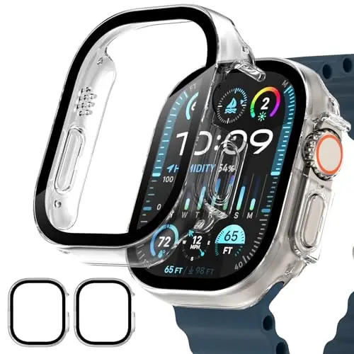EWUONU 2 Pack Hard Case for Apple Watch Ultra 3/2/Ultra 49mm Screen Protector, Tempered Glass Bumper Anti-Scratch HD Ultra-Thin Protective Face Cover for iWatch Ultra 3/2/1 49mm, Clear - EWUONU