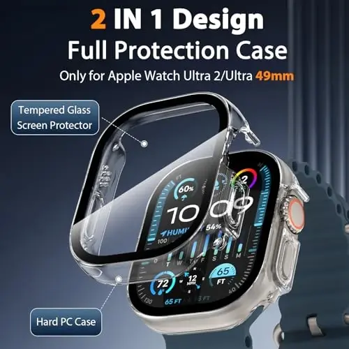 EWUONU 2 Pack Hard Case for Apple Watch Ultra 3/2/Ultra 49mm Screen Protector, Tempered Glass Bumper Anti-Scratch HD Ultra-Thin Protective Face Cover for iWatch Ultra 3/2/1 49mm, Clear - 2