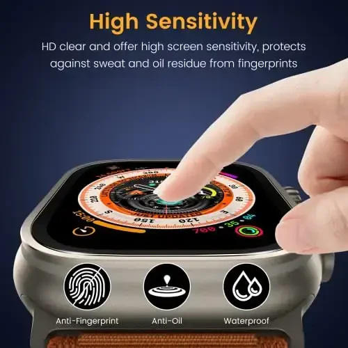 EWUONU[2 Pack Apple Watch Ultra 49 mm uchun ekran himoyachisi, Apple Ultra Watch 49 mm uchun temperlangan shisha ekran himoyachisi, [Alyuminiy qotishma qirrasi], tirnalishga qarshi HD tiniq pufaksiz plyonka (sariq/titan)] - 6