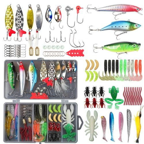 EXAURAFELIS Fishing Lure Fishing Lures kit Lure Set for Bass Trout Salmon Freshwater Fish Tackle Box Shrimp Worm Bait Spoon Grasshopper Crankbait Jigs Hooks Fishing Gear and Equipment - 7