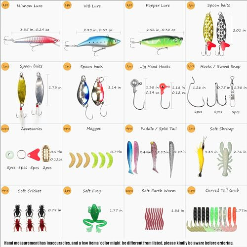 EXAURAFELIS Fishing Lure Fishing Lures kit Lure Set for Bass Trout Salmon Freshwater Fish Tackle Box Shrimp Worm Bait Spoon Grasshopper Crankbait Jigs Hooks Fishing Gear and Equipment - 8