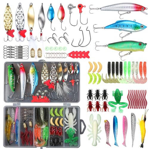 EXAURAFELIS Fishing Lure Fishing Lures kit Lure Set for Bass Trout Salmon Freshwater Fish Tackle Box Shrimp Worm Bait Spoon Grasshopper Crankbait Jigs Hooks Fishing Gear and Equipment - 1