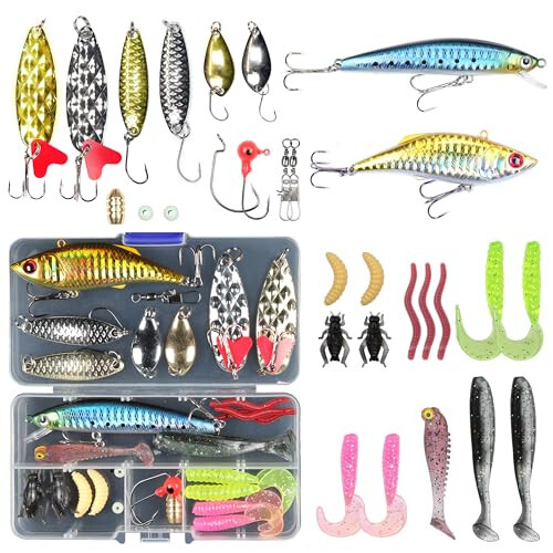 EXAURAFELIS Fishing Lure Fishing Lures kit Lure Set for Bass Trout Salmon Freshwater Fish Tackle Box Shrimp Worm Bait Spoon Grasshopper Crankbait Jigs Hooks Fishing Gear and Equipment 