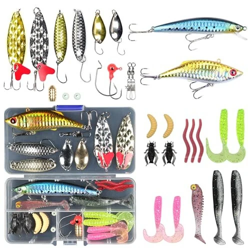 EXAURAFELIS Fishing Lure Fishing Lures kit Lure Set for Bass Trout Salmon Freshwater Fish Tackle Box Shrimp Worm Bait Spoon Grasshopper Crankbait Jigs Hooks Fishing Gear and Equipment - EXAURAFELIS