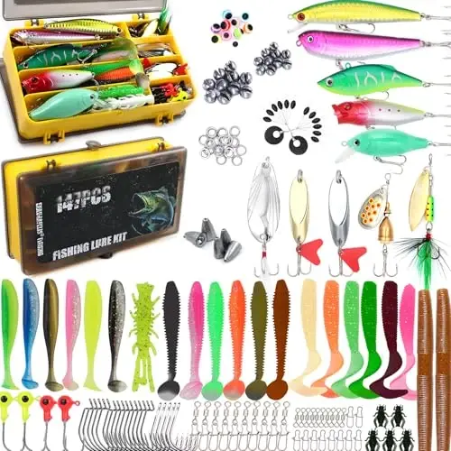 EXAURAFELIS Fishing Lures,Tackle Box with Tackle Included, Crankbaits, Spoon, Shrimp Worm Bait, Hooks,Weights & Other Accessories, Fishing Lures kit Lure Set for Bass Trout Salmon 