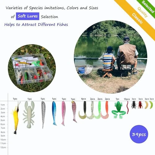 EXAURAFELIS Fishing Lures Set Fish Lure kit for Bass Trout Salmon Freshwater Fish Tackle kit Including Plastic Shrimp Worm Bait Spoon Grasshopper Crankbait Jigs Hooks Fishing Gear and Equipment - 11