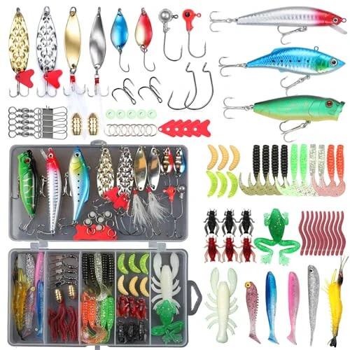 EXAURAFELIS Fishing Lures Set Fish Lure kit for Bass Trout Salmon Freshwater Fish Tackle kit Including Plastic Shrimp Worm Bait Spoon Grasshopper Crankbait Jigs Hooks Fishing Gear and Equipment - EXAURAFELIS
