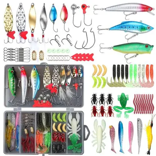 EXAURAFELIS Fishing Lures Set Fish Lure kit for Bass Trout Salmon Freshwater Fish Tackle kit Including Plastic Shrimp Worm Bait Spoon Grasshopper Crankbait Jigs Hooks Fishing Gear and Equipment - 1