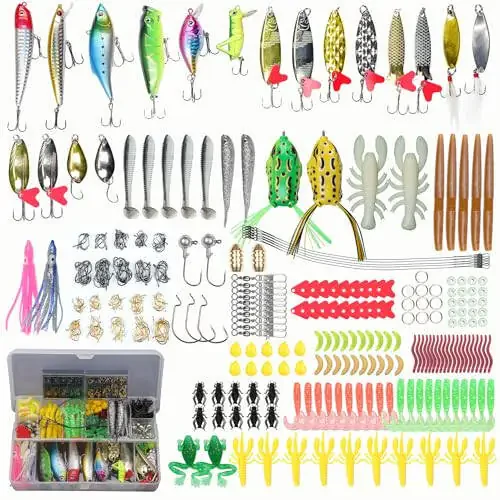 EXAURAFELIS Fishing Lures Set Fish Lure kit for Bass Trout Salmon Freshwater Fish Tackle kit Including Plastic Shrimp Worm Bait Spoon Grasshopper Crankbait Jigs Hooks Fishing Gear and Equipment - 1