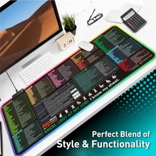 Excel Shortcut Keys LED Mouse Pad - Colorful RGB Luminous Extended Large Cheat Sheet Gaming Mousepad| PC Office Spreadsheet Keyboard Mat| Non-Slip Stitched Edge - 6