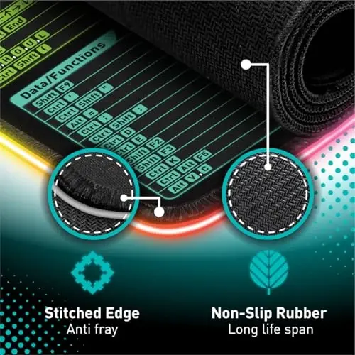 Excel Shortcut Keys LED Mouse Pad - Colorful RGB Luminous Extended Large Cheat Sheet Gaming Mousepad| PC Office Spreadsheet Keyboard Mat| Non-Slip Stitched Edge - 5