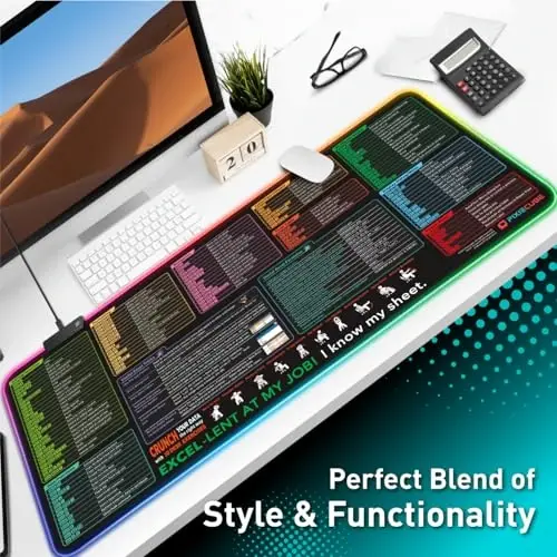 Excel Shortcut Keys LED Mouse Pad - Colorful RGB Luminous Extended Large Cheat Sheet Gaming Mousepad| PC Office Spreadsheet Keyboard Mat| Non-Slip Stitched Edge - 6