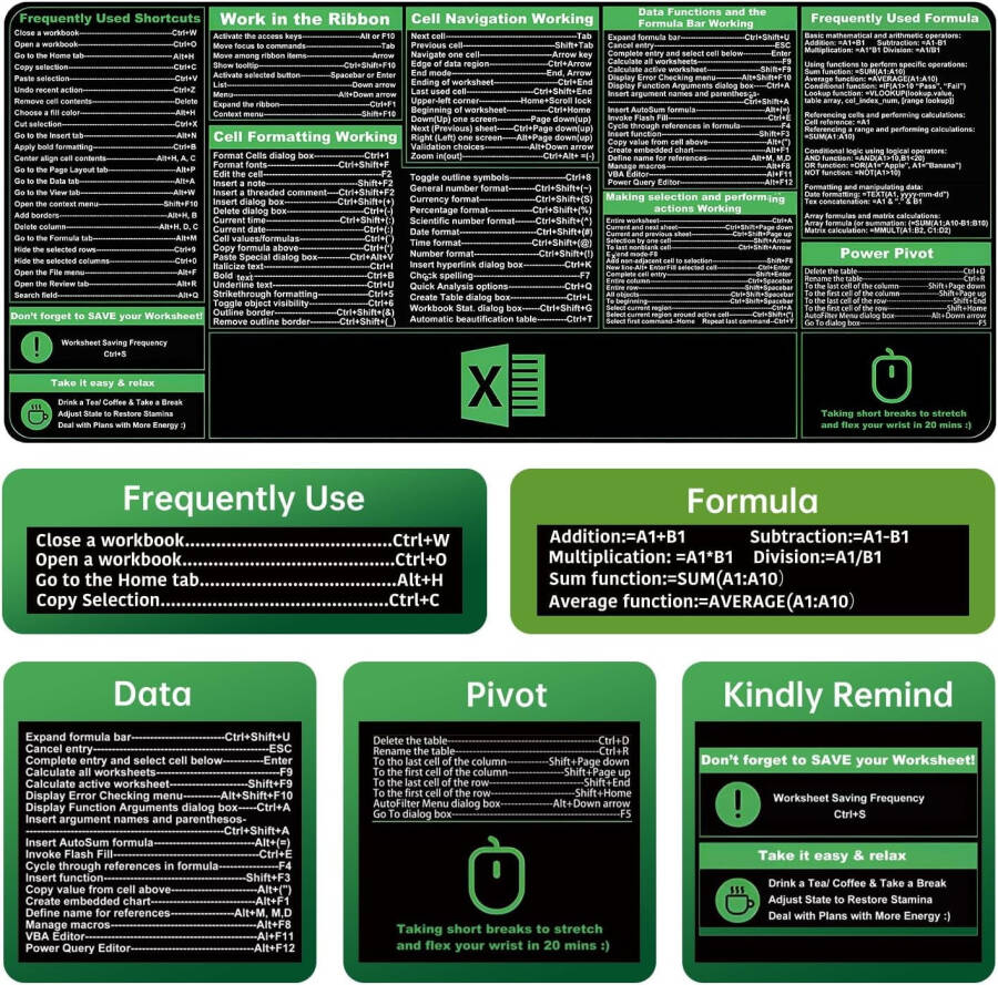 Excel Kısayolları Fare Altlığı, Klavye Kısayolu Fare Altlığı, XXL Geniş Ofis Masa Matı, Excel Hile Sayfası Matı, Kaymaz Tabanlı Klavye Paspasları, Çalışan Takdir Hediyeleri (35.4”x15.7”) - 8