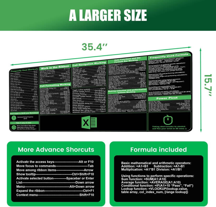 Excel Kısayolları Fare Altlığı, Klavye Kısayolu Fare Altlığı, XXL Geniş Ofis Masa Matı, Excel Hile Sayfası Matı, Kaymaz Tabanlı Klavye Paspasları, Çalışan Takdir Hediyeleri (35.4”x15.7”) - 9