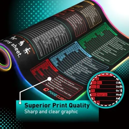 Excel Shortcut Keys LED Mouse Pad - Colorful RGB Luminous Extended Large Cheat Sheet Gaming Mousepad| PC Office Spreadsheet Keyboard Mat| Non-Slip Stitched Edge - 3