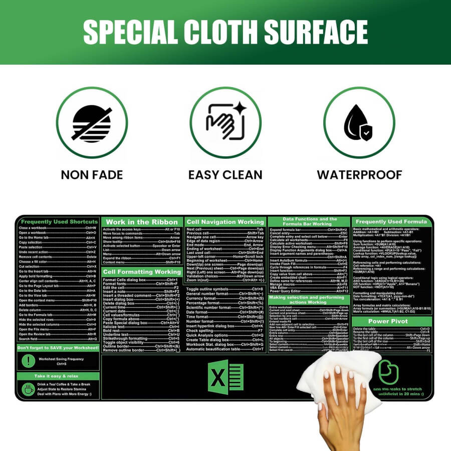 Excel Shortcuts Mouse Pad, Keyboard Shortcut Mousepad, XXL Large Extended Office Desk Mat, Excel Cheat Sheet Mat, Non-Slip Base Keyboard Mats, Employee Appreciation Gifts (35.4”x15.7”) - 10