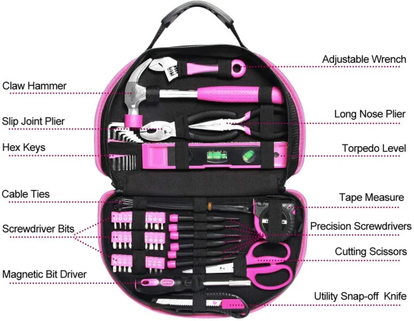 EXCITED WORK 69-Piece Pink Tool Kit, Ladies Hand Tool Set with Easy Carrying Round Pouch for DIY, Home Maintenance and Dorm Repair - EXCITED WORK