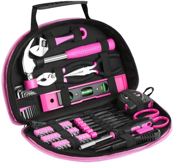 EXCITED WORK 69-Piece Pink Tool Kit, Ladies Hand Tool Set with Easy Carrying Round Pouch for DIY, Home Maintenance and Dorm Repair - EXCITED WORK (1)
