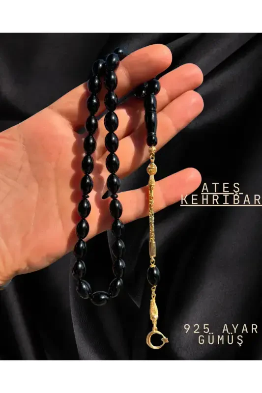 Exclusive Design 925 ayar Moon-Star Silver Tassel Barley Cut Fire Amber Tasbih - ERBAB I KEHRIBAR