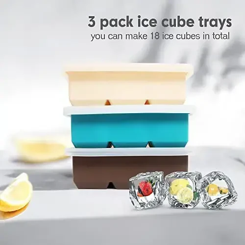 Excnorm Silicone Ice Cube Trays 3 Pack - Large Size Silicone Ice Cube Molds with Leak Proof Removable Lid Square Ice Cube Tray And BPA Free for Cocktail,Whiskey, Stackable Flexible Ice - 5