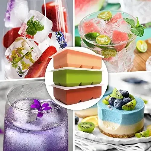 Excnorm Silicone Ice Cube Trays 3 Pack - Large Size Silicone Ice Cube Molds with Leak Proof Removable Lid Square Ice Cube Tray And BPA Free for Cocktail,Whiskey, Stackable Flexible Ice - 4