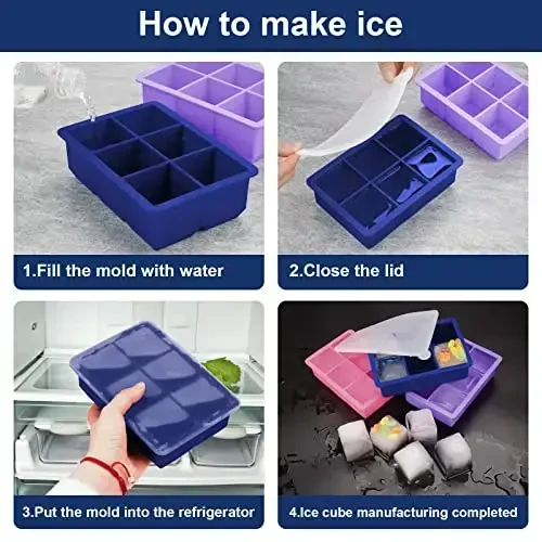 Excnorm Silicone Ice Cube Trays 3 Pack - Large Size Silicone Ice Cube Molds with Leak Proof Removable Lid Square Ice Cube Tray And BPA Free for Cocktail,Whiskey, Stackable Flexible Ice - 4