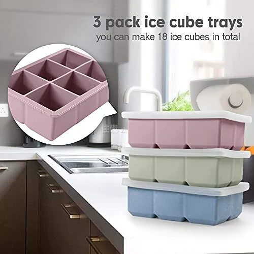 Excnorm Silicone Ice Cube Trays 3 Pack - Large Size Silicone Ice Cube Molds with Leak Proof Removable Lid Square Ice Cube Tray And BPA Free for Cocktail,Whiskey, Stackable Flexible Ice - 4