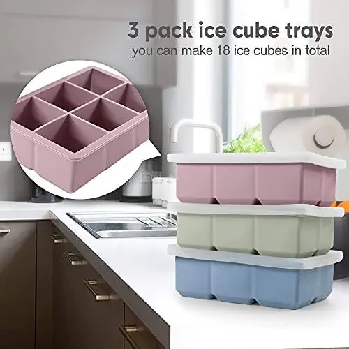 Excnorm Silicone Ice Cube Trays 3 Pack - Large Size Silicone Ice Cube Molds with Leak Proof Removable Lid Square Ice Cube Tray And BPA Free for Cocktail,Whiskey, Stackable Flexible Ice - 4