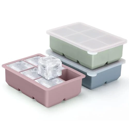 Excnorm Silicone Ice Cube Trays 3 Pack - Large Size Silicone Ice Cube Molds with Leak Proof Removable Lid Square Ice Cube Tray And BPA Free for Cocktail,Whiskey, Stackable Flexible Ice - 6